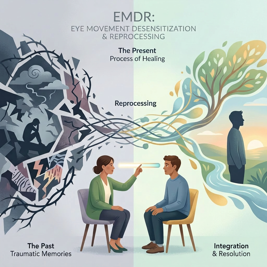 Therapist guiding a patient through EMDR therapy from traumatic memories to emotional healing